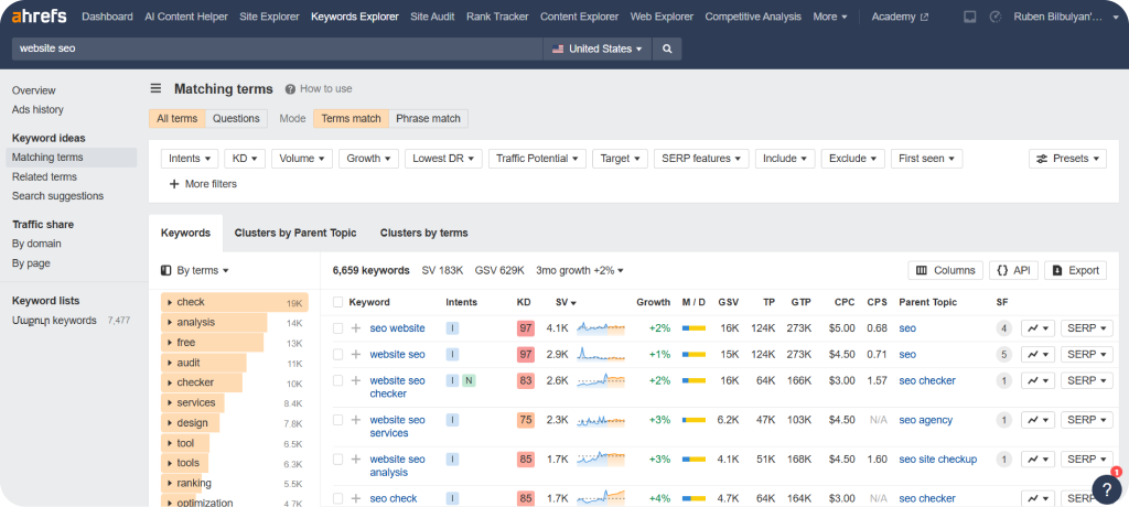 Ahrefs "Terms Match" showing keyword ideas related to target keyword "website SEO."