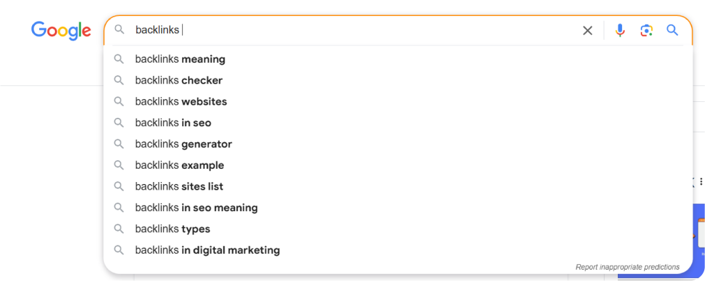 Google Autosuggest showing keyword suggestions for 'backlinks' search."