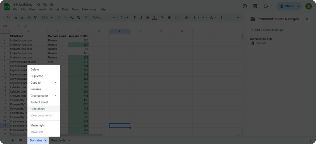 Screenshot showing how to hide sheets in Google Sheets in case you need it for link building.