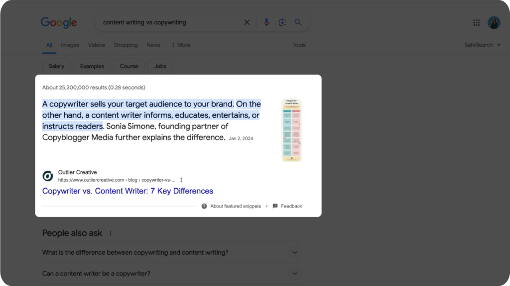 Google featured snippet displaying a short answer to an informational keyword query.