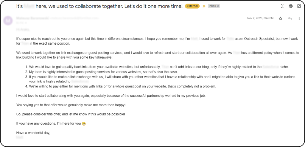 Screenshot of email outreach template showing how a link building partner appreciates the collaboration.