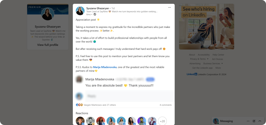 LinkedIn post screenshot showing appreciation to link building partners.