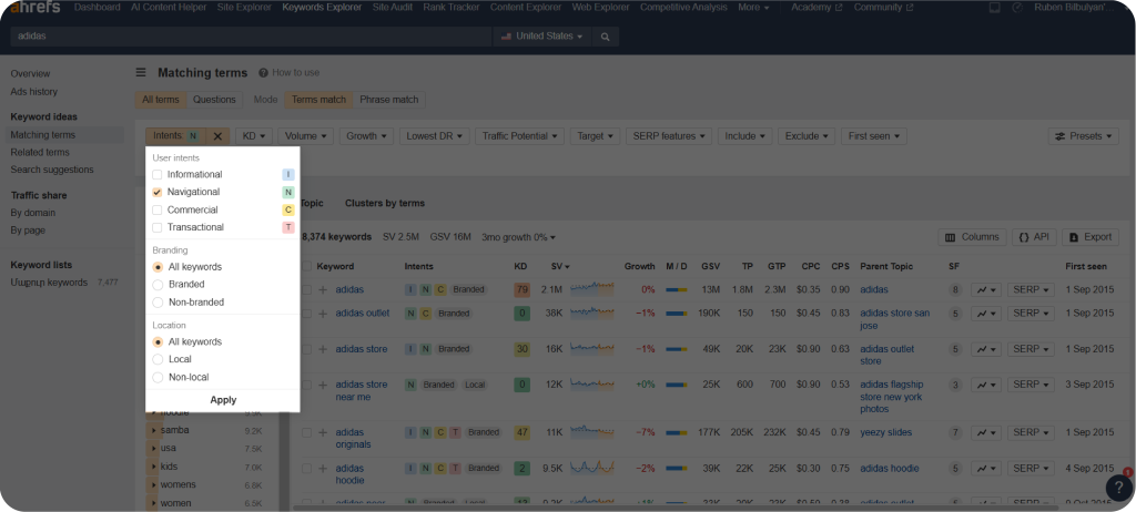 Screenshot of Ahrefs showing keyword intent filters and search metrics for keyword research