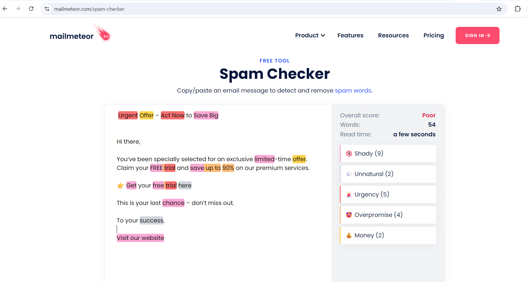 Screenshot of a Mailometeor Spam Checker showing spam trigger words.