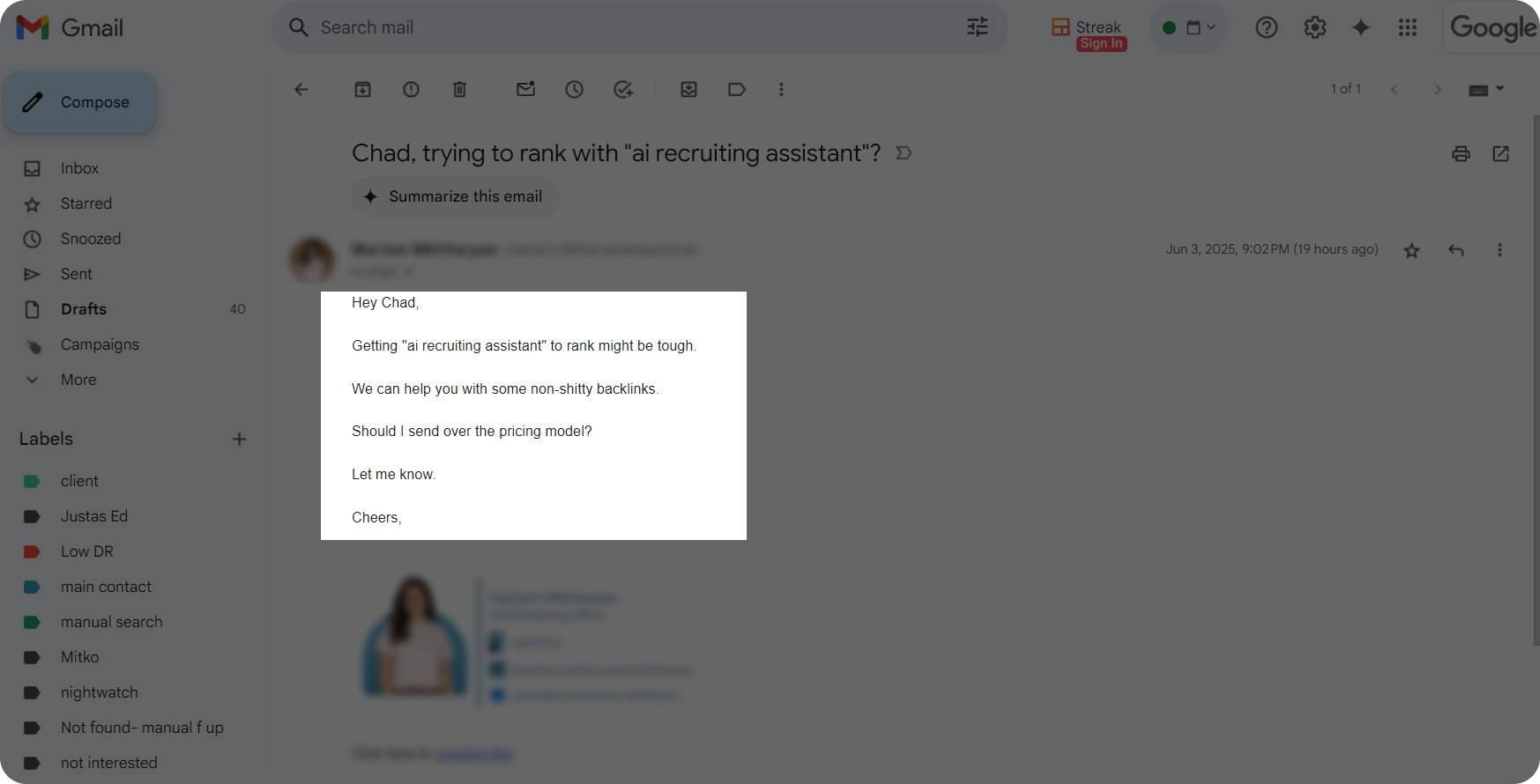 An example of a good link building outreach email