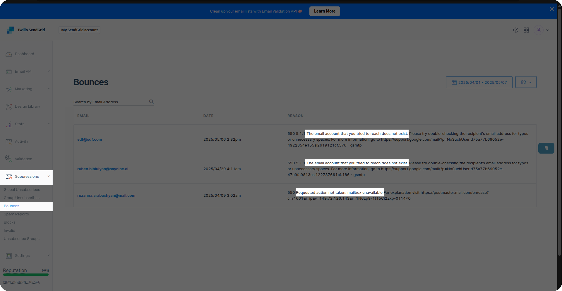 Email bounce reasons on SendGrid