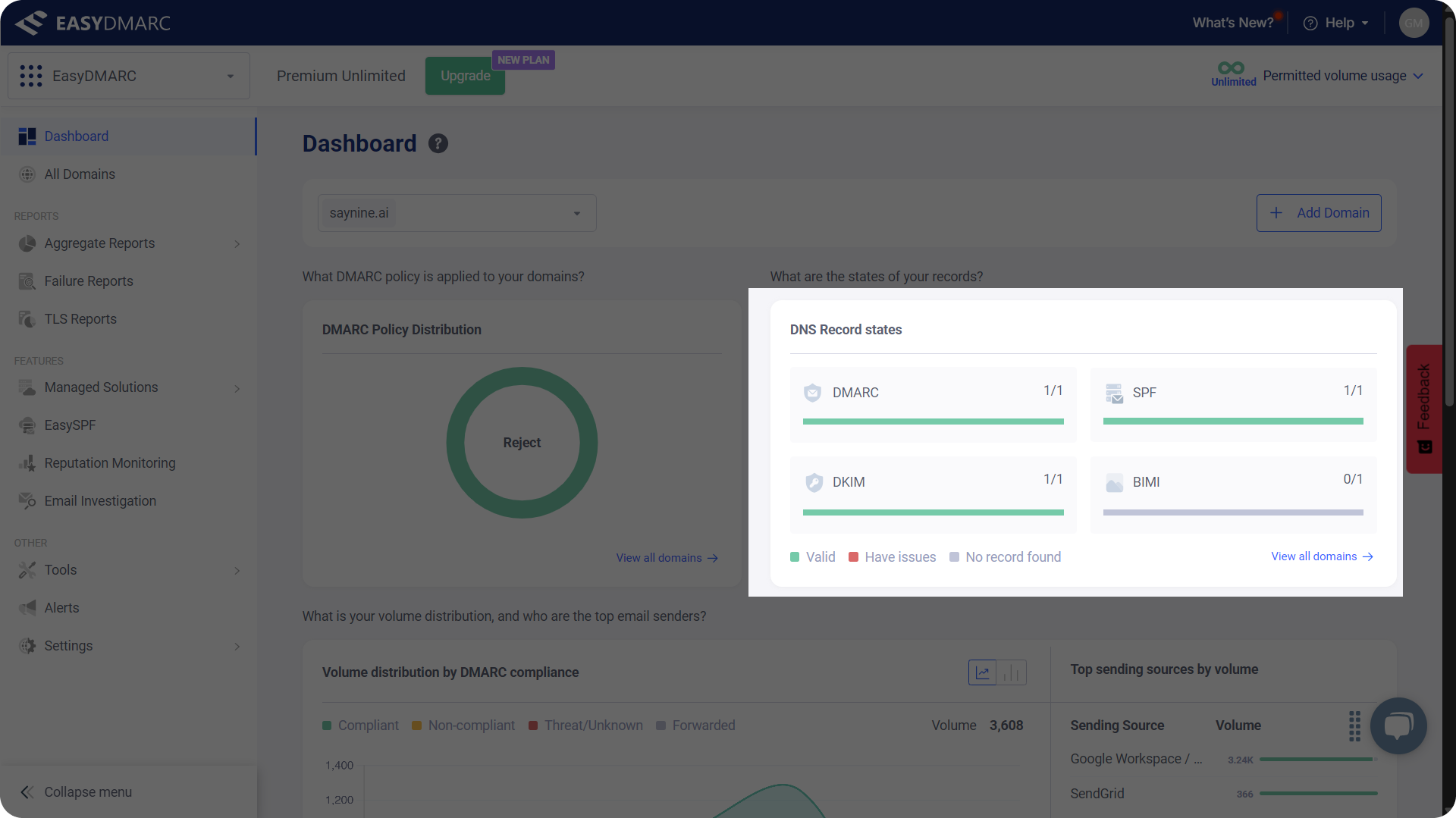 EasyDMARC 's authentication checker dashboard