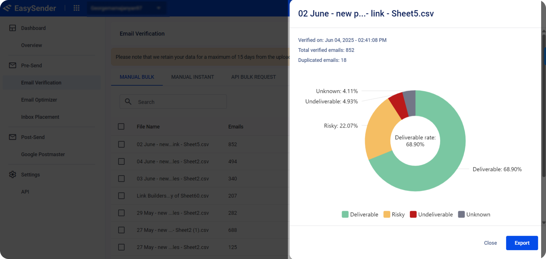 EasuSender's dashboard showing email verification results