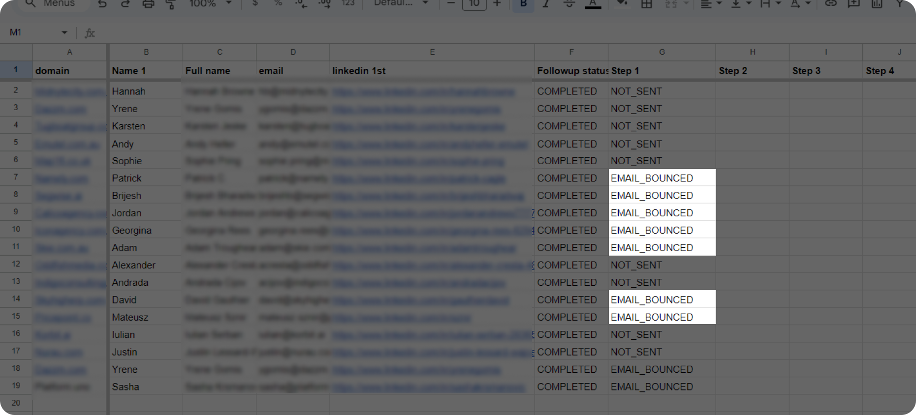 Screenshot of a Google Spreadsheet used for tracking bounced emails