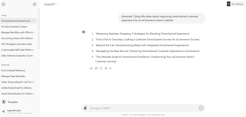 Screenshot showing how ChatGPT generates blog titles based on a prompt.