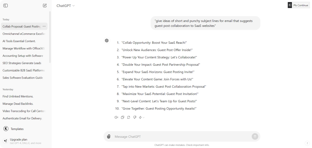 Screenshot showing how ChatGPT generates different email subject lines.