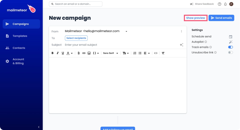 Screenshot showing how the Mailmeteor dashboard looks for any new campaign.