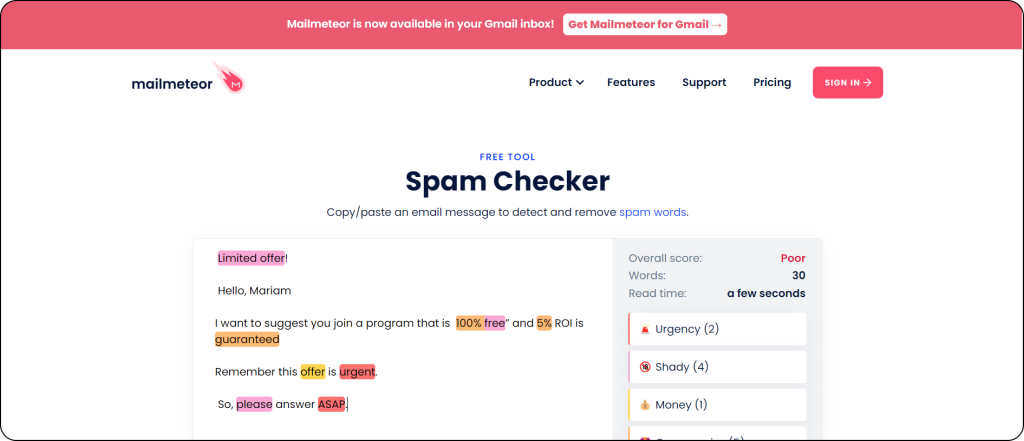 Using the MailMeteor Spam Checker free tool to check spam words in an email.