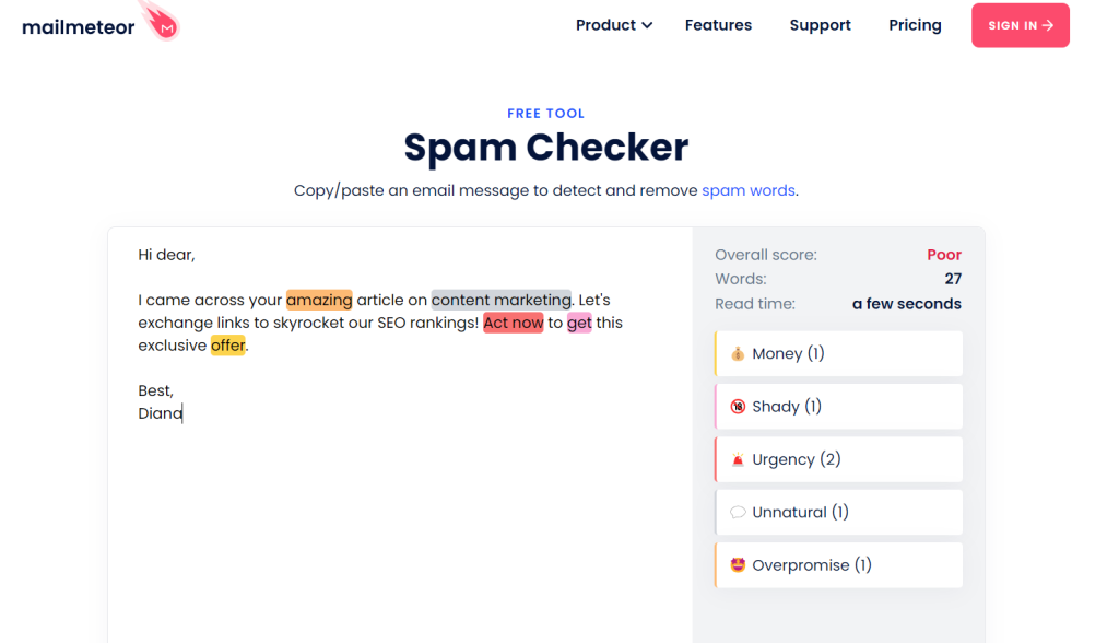 Screenshot showing the Mailmeteor Spam Checker tool in action.