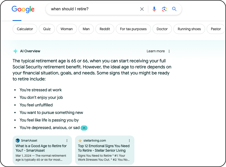 An AI Overview to a user search query "when should I retire?"