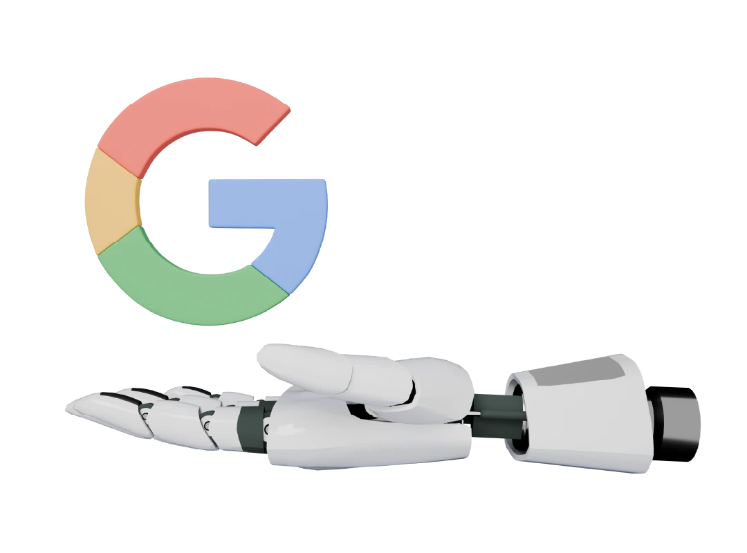La mano de un robot sosteniendo el logotipo de Google: concepto de «Visión general de la IA»