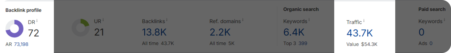 DR and traffic metrics on Ahrefs