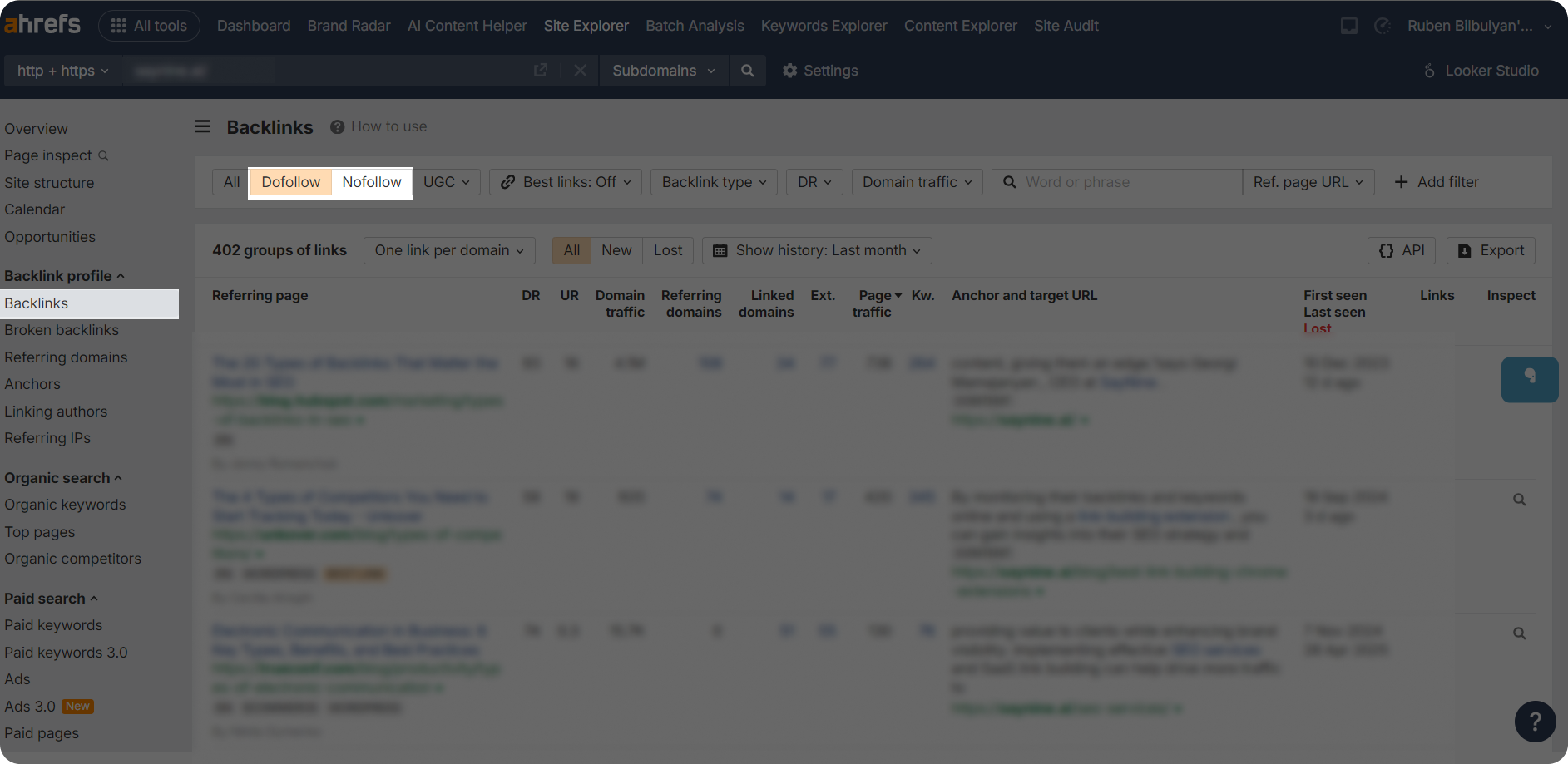 A screenshot of the Ahrefs dofollow/nofollow sections