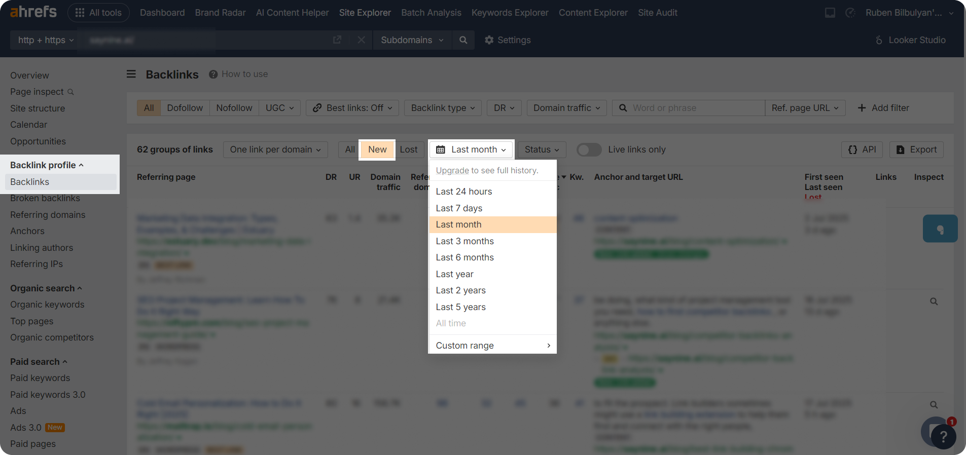 A screenshot of the Ahrefs new backlinks filter