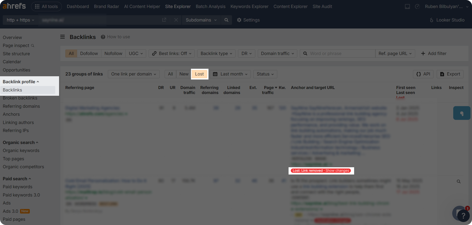 A screenshot of the Ahrefs lost links section