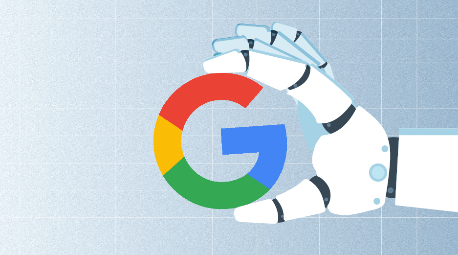 A robot's hand holding Google's logo - AI Overviews concept