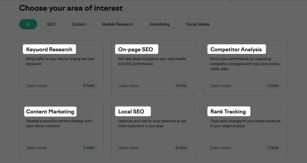 A screenshot of SEMrush's tools for different areas of interest, including Keyword Research, On-page SEO, competitor analysis, content marketing, and so on. 