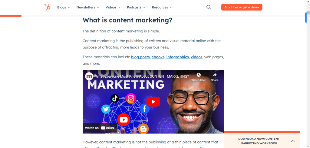 Example showing how Hubspot uses multimedia for better content.