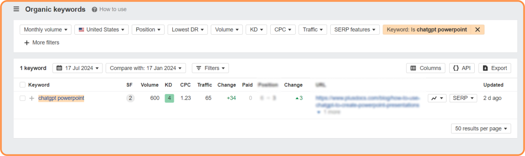 Screenshot about a page growth through backlinks.