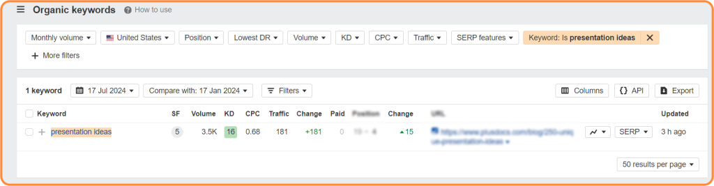 Screenshot about a client's growth through link building with a specific keyword.