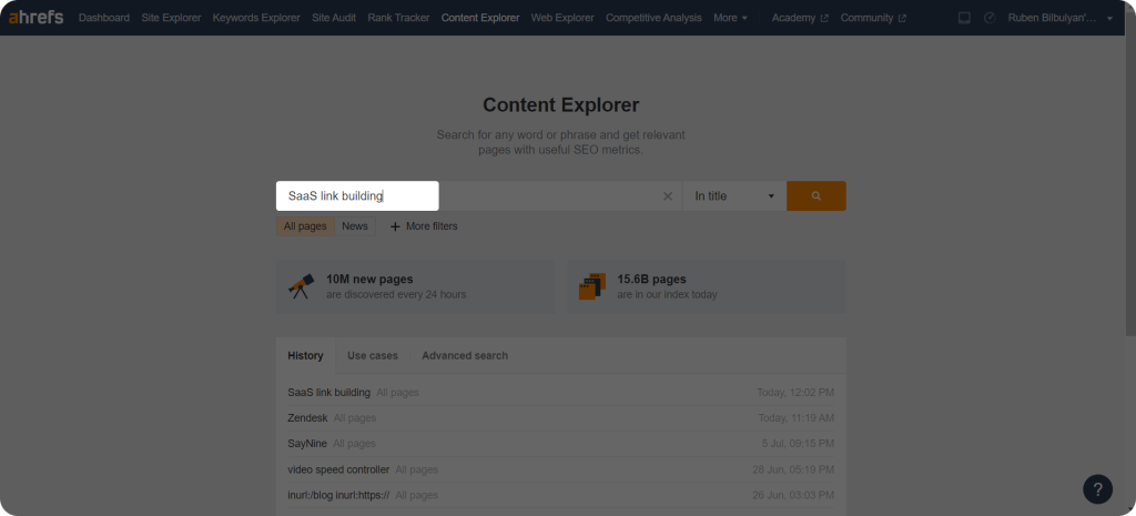 Screenshot showing how to find guest posting opportunities via Ahrefs Content Explorer.