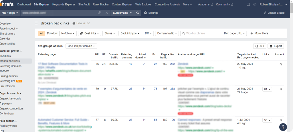 Screenshot showing how you can find broken backlinks via Ahrefs for a link building outreach.