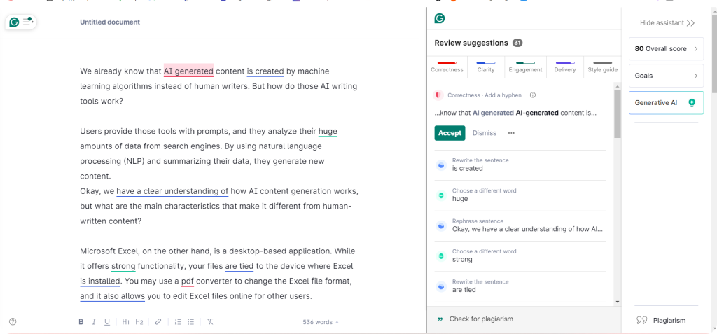 Screenshot showing how to use Grammarly to later update content for SEO.