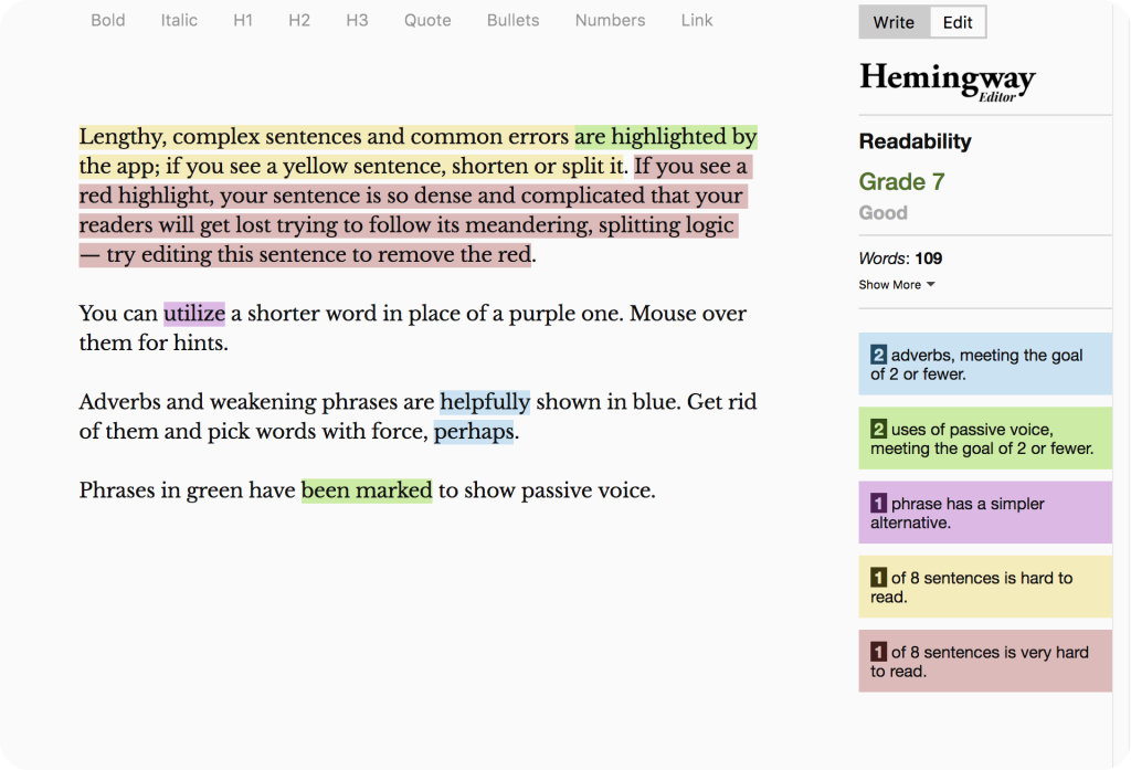 Screenshot showing how to update and improve content with the the Hemingway editor.