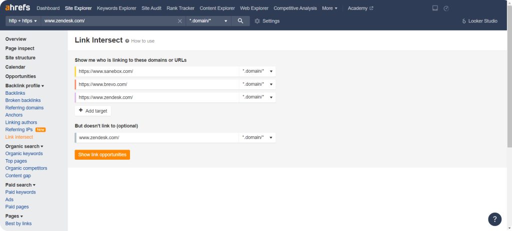 Screenshot showing the Link intersect feature on Ahrefs so that you can find link building opportunities.