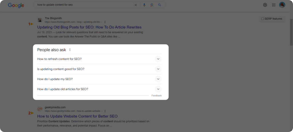 Screenshot showing how to use the Google People also ask section for updating content.