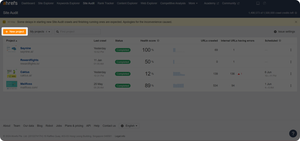 Screenshot showing how to create a new project in Ahrefs for content updates.