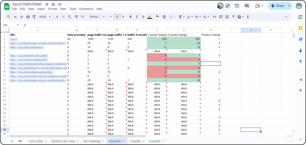 Spreadsheet for automating client results in link building.