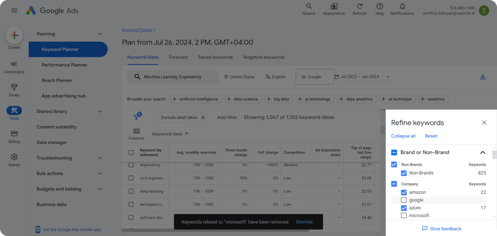 Screenshot showing the Refine keywords section on Google Keywords Planner.