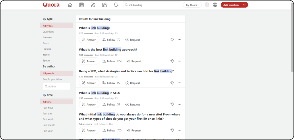 Screenshot showing how you can find keywords using Quora.