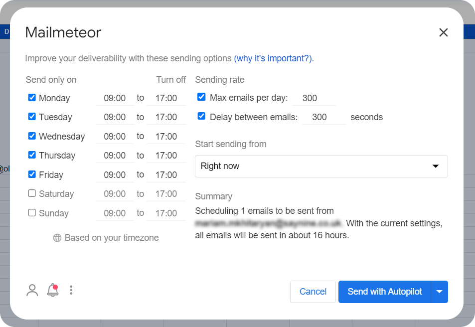 Email sending option customization in Mailmeteor.