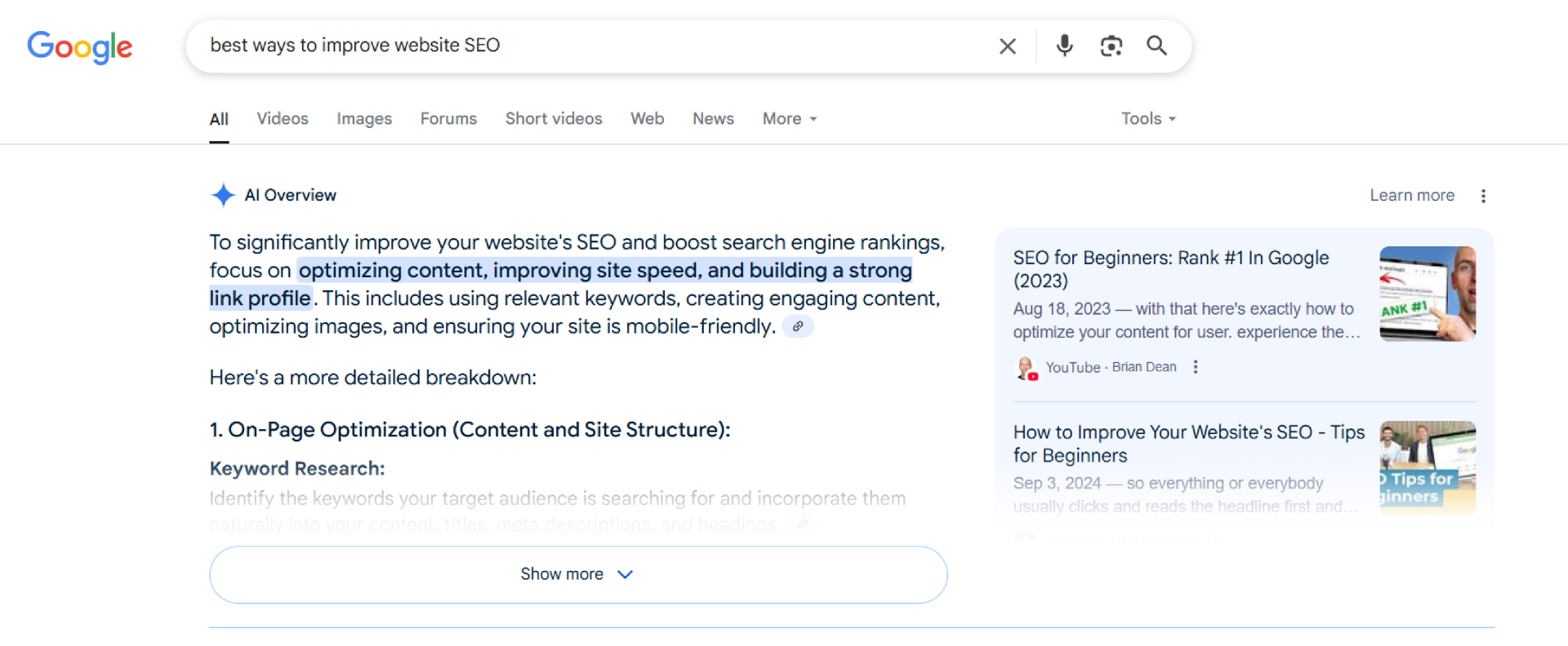 AI Overview for "best ways to improve website SEO"