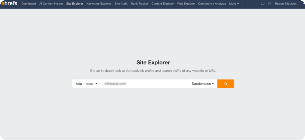 Screenshow showing the Site Explorer in Ahrefs where you check a domain's metrics.