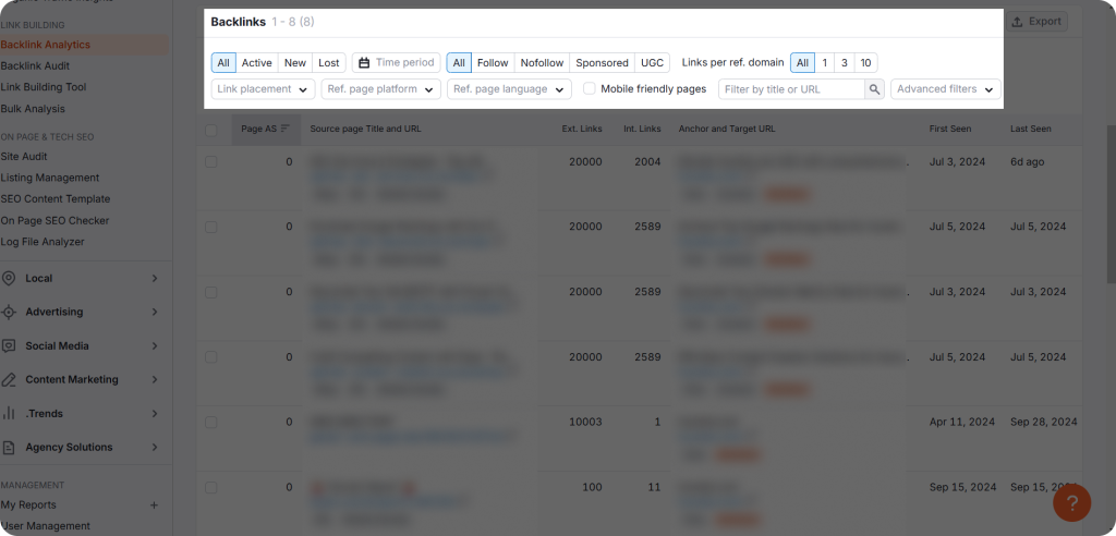 Analyzing and filtering the metrics for a website's backlink profile with Semrush as one of the best link building tools.