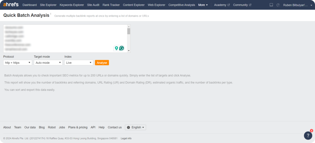 Batch Analysis feature on Ahrefs showing how you can analyze mutiple domains at once for link building.