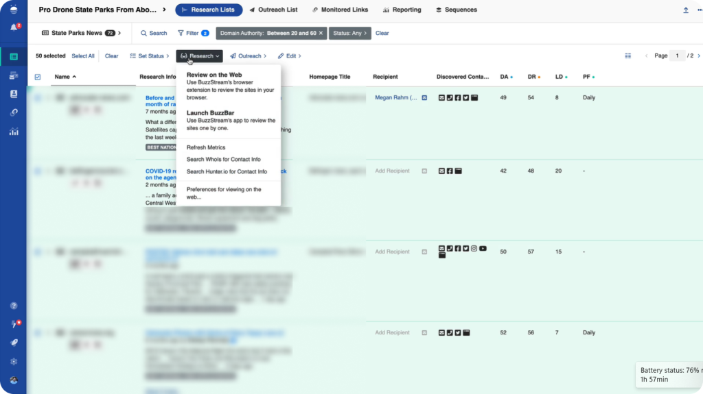 The BuzzStream backlink software being used for link building.