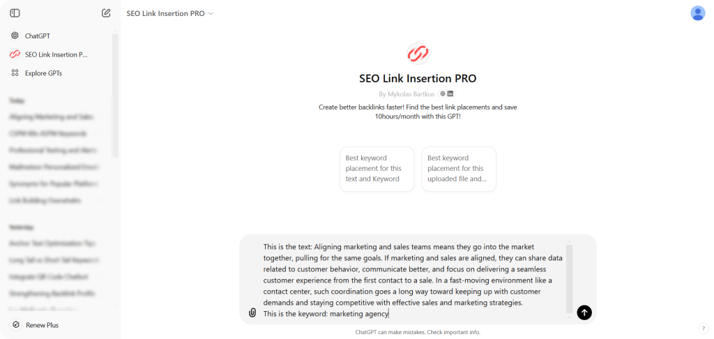 The SEO Link Insertion Pro from ChatGPT used as a link building tool.