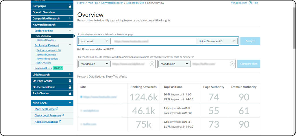 Comparing websites on Moz for keyword and content gap analysis.