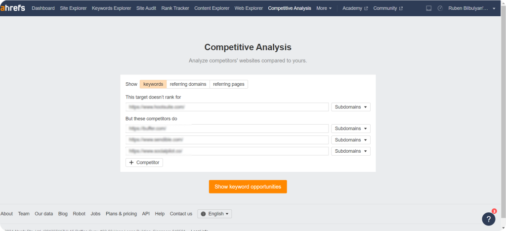 Competitive analysis feature by Ahrefs helping with content gap analysis.