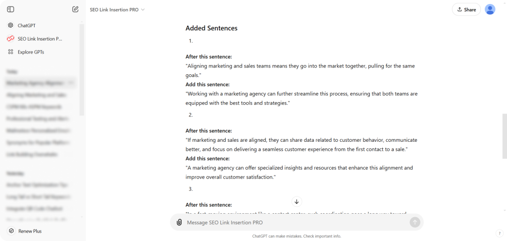 The SEO Link Insertion Pro tool from ChatGPT helping to add sentences and being used as a backlink builder.