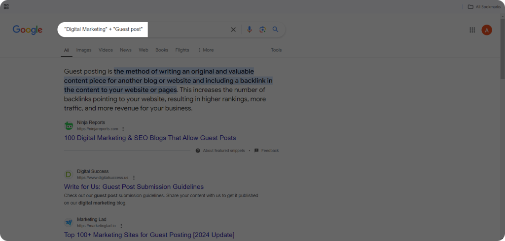 Screenshot showing how you can potentially search for guest posting opportunities in Google.